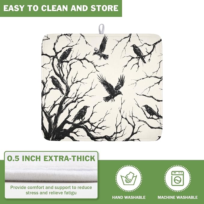 Halloween Crows Dish Drying Mat for Kitchen Counter Vintage Spooky Black Tree Branches Raven Pattern Microfiber Dish Drainer Mat Rustic Absorbent Washable Drying Pad 16"x18"