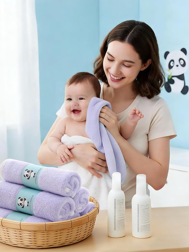 HIPHOP PANDA Baby Washcloths, Rayon Made from Bamboo - 2 Layer Ultra Soft Absorbent Newborn Bath Face Towel - Reusable Baby Wipes for Delicate Skin - Purple, 6 Pack