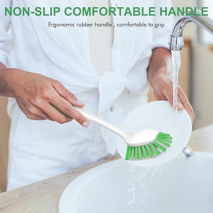 SetSail Dish Brush with Handle, 3 Pack Stiff Bristles Dish Scrubber with Built-in Scraper Dish Scrub Brushes for Cleaning Dishes, Pots and Pans, Kitchen Sink, Green