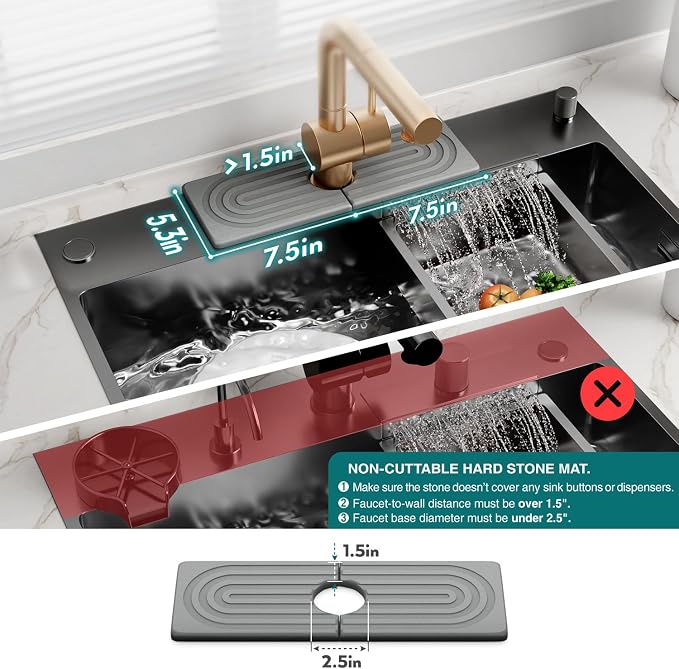 eormoe Faucet Mat for Kitchen Sink - Wider Diatomite Fast Drying Stone Sink Tray, Super Absorbent, Prevents Moisture Buildup - Faucet Splash Guard for Bathroom Counter (Grey, 15x5.3inch)