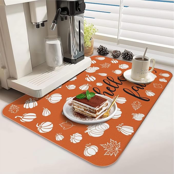 Fall Dish Drying Mat 2-Pack Orange Pumpkin for Kitchen Counter Dishes Mat | Diatom Mud Mats (18x24, 19.5x12"). Non-slip rubber back for kitchen counter, coffee bar & sink scenes