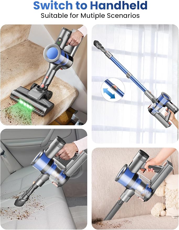 Dzaki Cordless Stick Vacuum Cleaner, 650W 55KPa Brushless Motor, 60-Min Runtime, Detachable Battery, Anti-Tangle, Self-Standing, Vacuum Cleaners for Home, Pet Hair, Carpet & Hardwood Floors