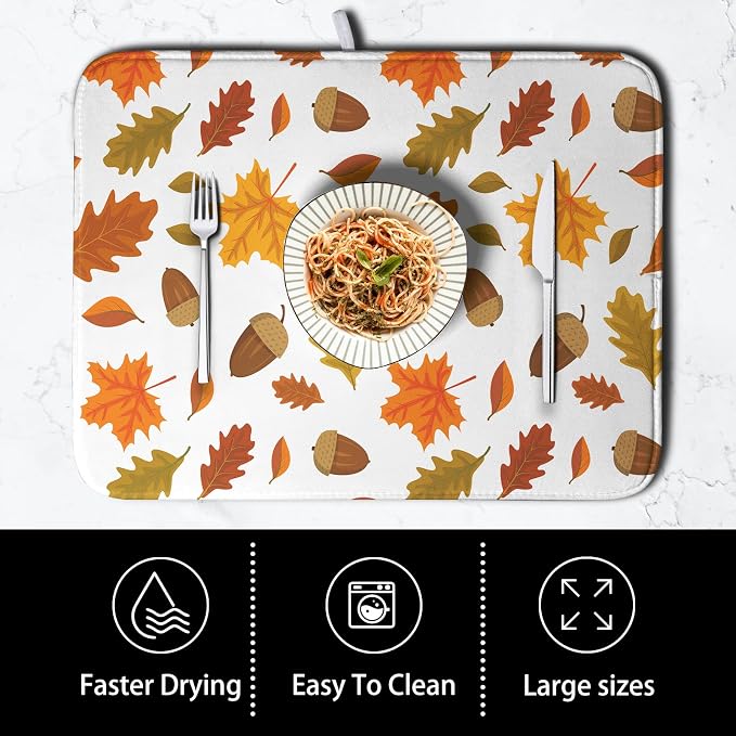 Fall Leaves Dish Drainer Mat - Absorbent Drying Mat for Counter - 18x24 Inch, Orange Maple Leaf Pattern