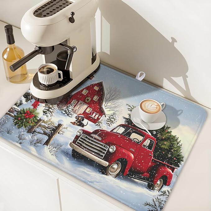 Giwawa Red Truck Dish Drying Mat Winter Xmas Tree Drainer Rack Pad 18"x24" Microfiber Absorbent Quick Dry Dish Sink Mat for Table Kitchen Counter