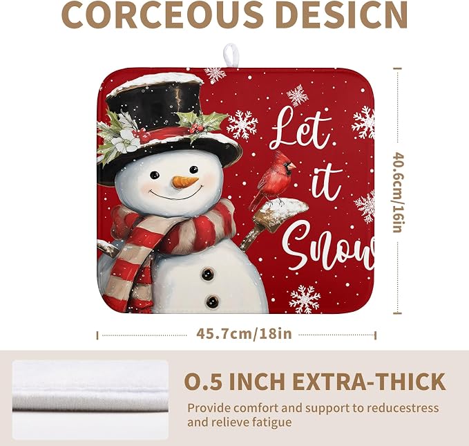 Snowman Christmas Dish Drying Mat Winter Drying Mats for Kitchen Counter Xmas Holiday Red Dish Draining Mat Microfiber Absorbent Reusable Dish Rack Pad 16x18 Inch