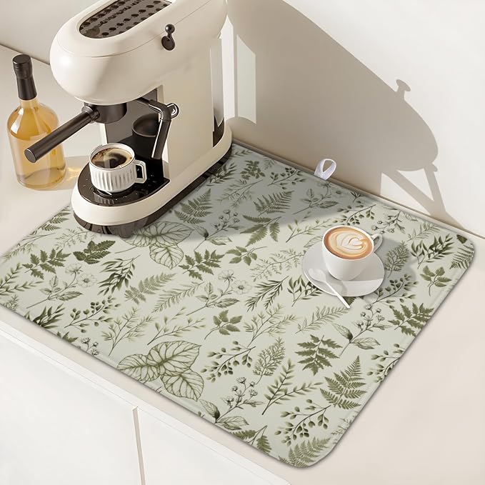 Vintage Botanical Floral Dish Drying Mat for Kitchen Counter Sage Green Herbs Fern Leaves Plant Microfiber Dish Drainer Mat Absorbent Washable Drying Pad 16"x18"