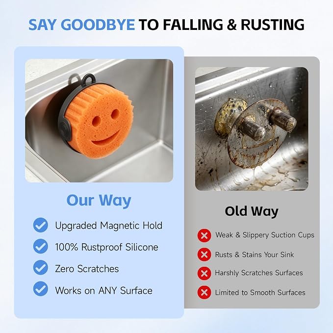 DUDUDU Magnetic Sponge Holder for Scrub Daddy Style Sponges, Silicone Smiling Design for Scrub Daddy Holder, Rustproof Self-Draining Kitchen Sink Caddy, Includes Adhesive Plate for All Sink Types
