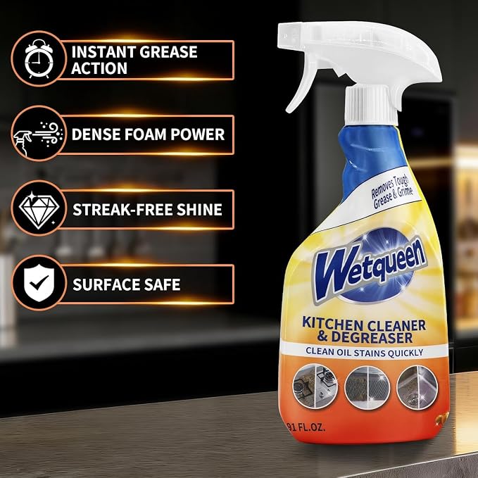 WETQUEEN All Purpose Cleaner Spray, Heavy Duty Kitchen Degreaser Foam & Stubborn Stain Remover for Kitchen, Household, Oven, Stove, Range Hood, Tiles, Dual-Spray Nozzle, Lemon Scent, 16.91 Fl Oz