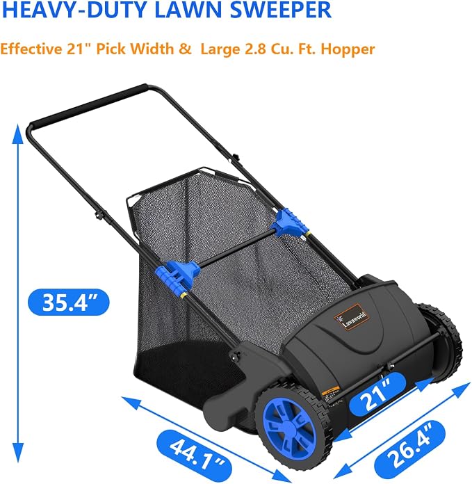 21 Inch Leaf & Lawn Sweeper – Push Powered Garden Sweeper for Grass Clippings, Leaves & Debris – Manual Push Yard Sweeper