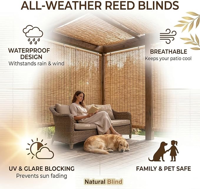 Bamboo Roller Shades for Outdoor Patio, Porch, Pergola, Balcony, Bamboo Blinds, UV Protection, Light Filtering Bamboo Blinds for Interior Windows, Bamboo Roman Shades for Windows