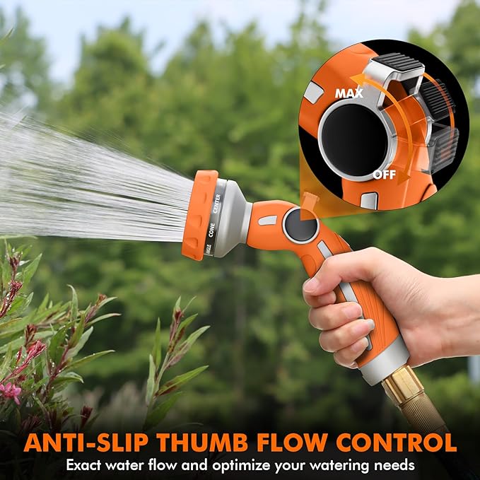 RESTMO Hose Nozzle Heavy Duty, Metal Water Hose Sprayer for Garden | 9 Spray Patterns, Leak Proof, Thumb Flow Control, On/Off Valve, Ideal for Outdoor Lawn & Plant, Car & Pet, Orange