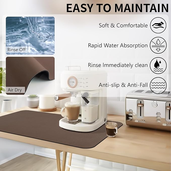 Coffee Mat for Countertop, 17“ x 31.5” Super Absorbent Coffee Bar Mat, Kitchen Counter Mats Fits Under Coffee-Maker, Kitchen Accessories for Espresso Machine Dish Drying Rack, Brown