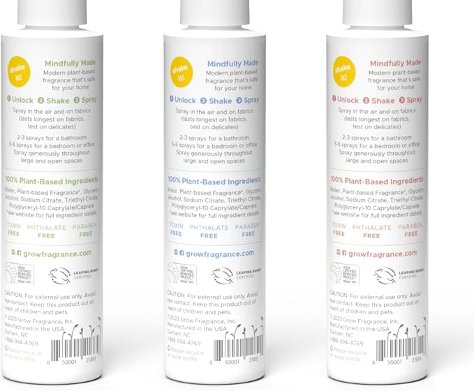 Grow Fragrance Fresh Clean 3-Pack – Non Toxic Air Freshener Spray – Green Tea Matcha, Hibiscus Tea & Wildflower Rain – 100% Plant-Based Essential Oils – Safe for Home, Car & Linens – 5 oz Each