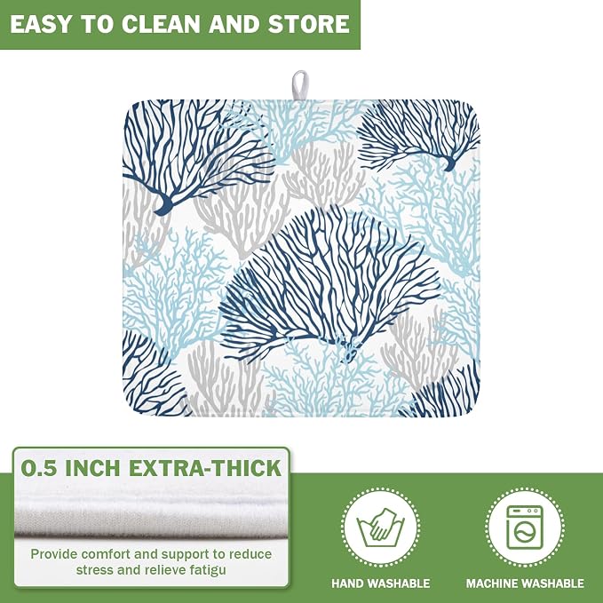 Beach Theme Dish Drying Mat for Kitchen Counter 16x18 Inch | Blue Coral，Polyester，Absorbent Microfiber，for Coffee Dining Decor
