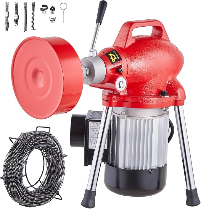 VEVOR Drain Cleaner Machine 66FT x 5/8 Inch, 250W Electric Sewer Snake Auger with 2 Sectional Steel Cables (66' x 5/8" and 15' x 3/8"), 7 Cutters and CW/CCW Control for 1.6" to 4" Pipes