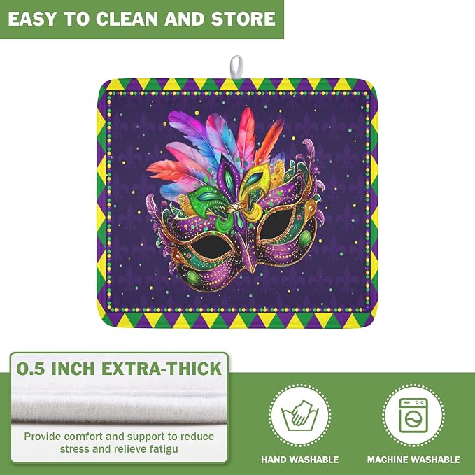Mardi Gras Dish Drying Mat for Kitchen Counter Masquerade Mask Feather Dishes Drying Mat Microfiber Absorbent Reusable Washable Dishes Drainer Rack Mats 16x18 Inch
