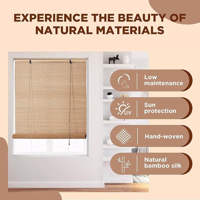 Bamboo Blinds for Interior Windows, 48"W X 63"H Bamboo Roller Shades Indoor | Roll Up Shades Light Filtering for Outdoor Patio, Decks, Porch, Backyards Natural Bamboo Material, Easy to install