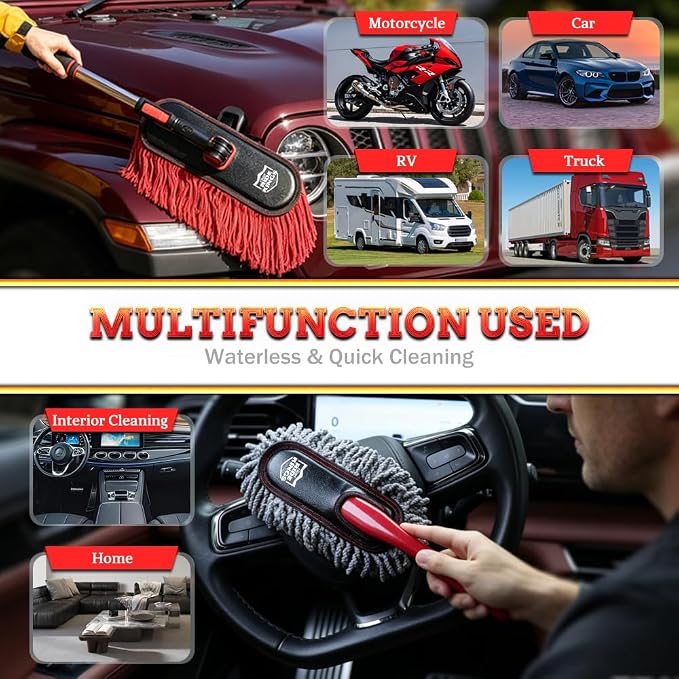 Exterior Car Duster & Brush Kit - Extendable，Wax Cotton | Telescoping auto mop traps pollen scratch-free. Combo with inside detailing tools & bag. Gift for SUV, truck, motorcycle.