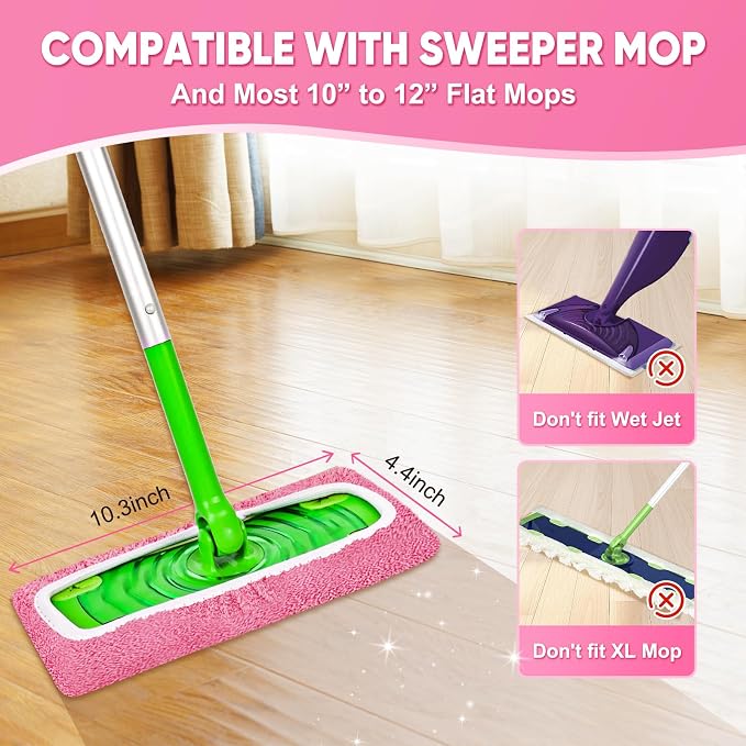 6-Pack Reusable Mop Pads Compatible with Sweeper Mop - 100% Coral Fleece Washable Refills - Microfiber Dry & Wet Sweeping Cloths for Multi-Surface/Hardwood Floor Cleaning- Pink