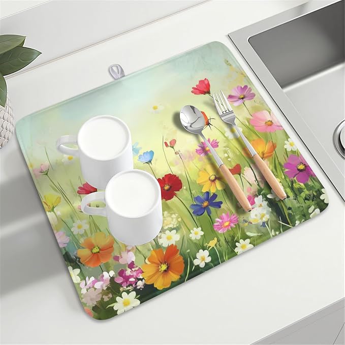 Spring Summer Daisy Dish Drying Mat 16 x 18 Inch Colourful Floral Pattern Dish Drainer Rack Mat Absorbent Microfiber Mats Holiday Dish Pad for Kitchen Coffee Dining Bar Decor