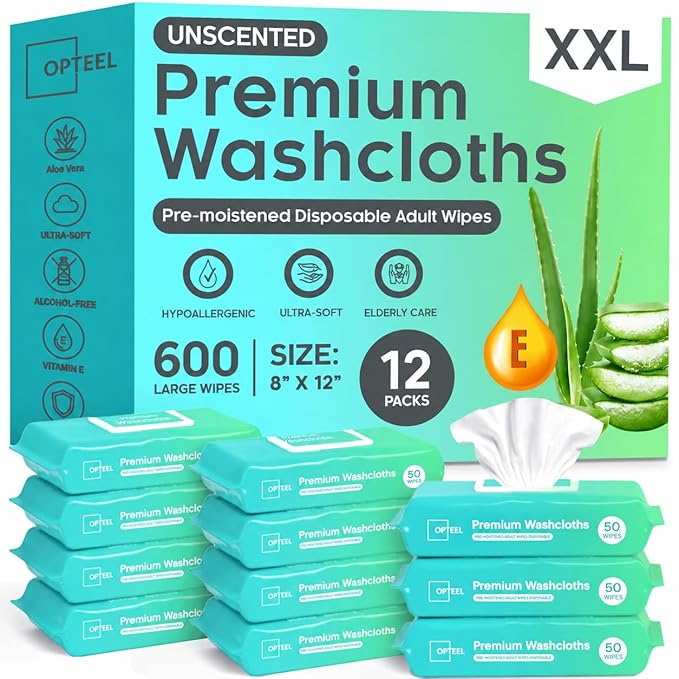 OPTEEL Wipes for Adults, Extra-Large Disposable Washcloths 600 Count | Unscented, Super Soft, Moisturizing, and No-Rinse Wipes for Incontinence Care, Elderly Care, and Daily Hygiene