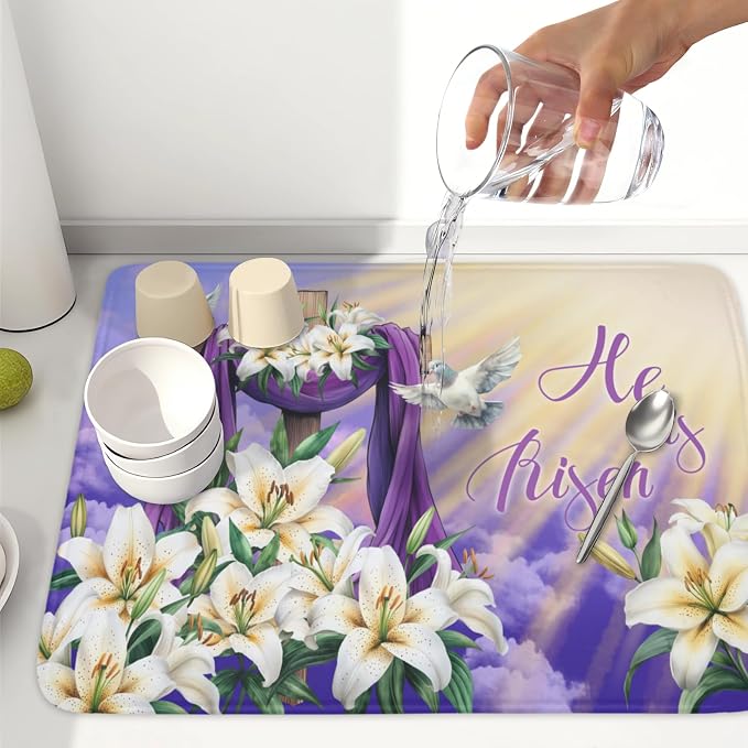 Easter Dish Drying Mat for Kitchen Counter He is Risen Cross Floral Purple Pattern Microfiber Dish Drainer Mat Rustic Absorbent Washable Drying Pad Extra Large 18"x24"