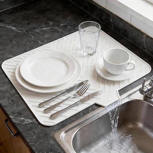 Silicone Dish Drying Mat 23x17,Food-Grade Silicone,Easy Clean Pad for Countertop Protection,Heat Resistant,Easy Clean,Non-Slip Drain Pad with Built-in Drain,Multi-Functional Use,White