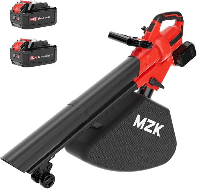 MZK 40V Leaf Vacuum Mulcher, 600 CFM Cordless Blower | High-airflow 3-in-1 tool with 40L bag and dual batteries for leaf collection around lawns and driveways.