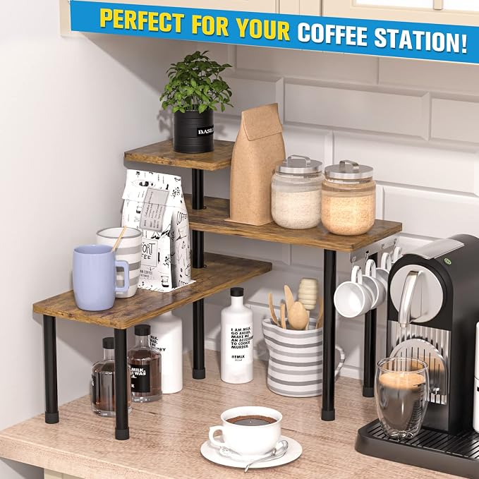 JayRex Countertop Organizer Organization, 3 Tier Moveable Corner Shelf Organizer for Kitchen, Bathroom, Spice Rack, Coffee Area, Over Sink, Dresser Table (Rustic Brown)