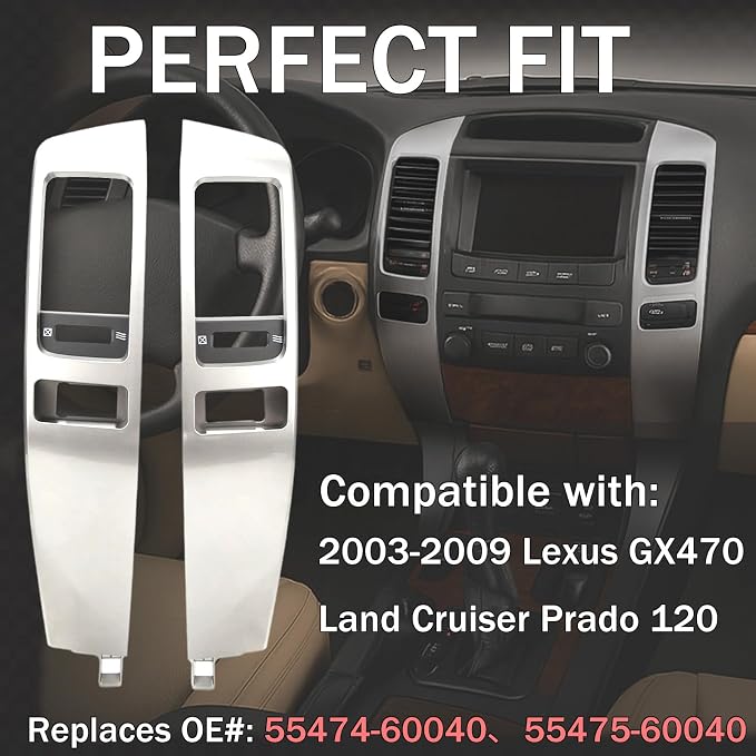 Dashboard A/C Vent Trim Panel Set Compatible with 2003–2009 Lexus GX470 & Toyota Land Cruiser Prado 120 Center Console Air Outlet Bezel Cover, Replacement #55474-60040, Silver