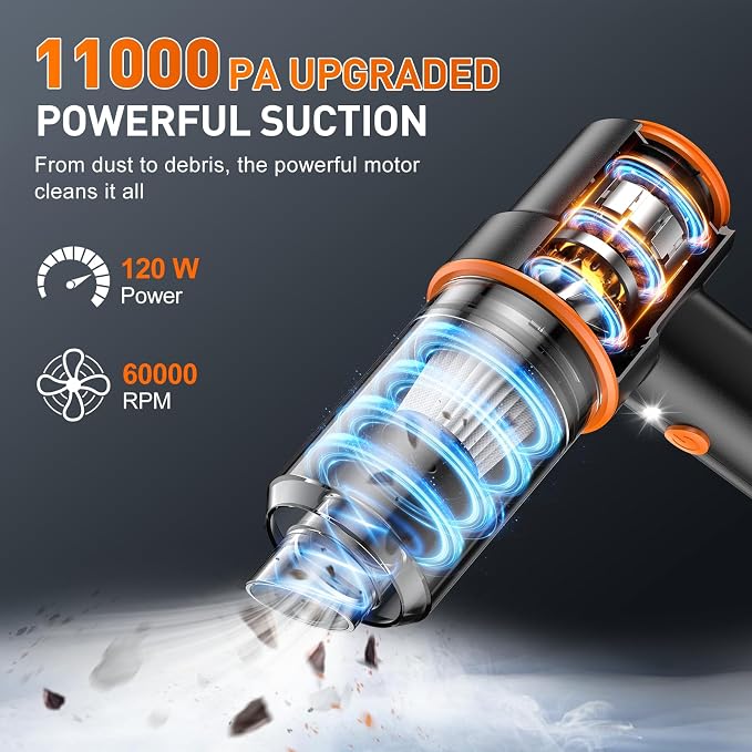 KMM Handheld Car Vacuum Cleaner, 11000PA Hand Held Vacuum & Air Duster | Strong Suction, Cordless, 120W High Power, Portable, Multi-Nozzles & LED Light, for Home, Car, Office