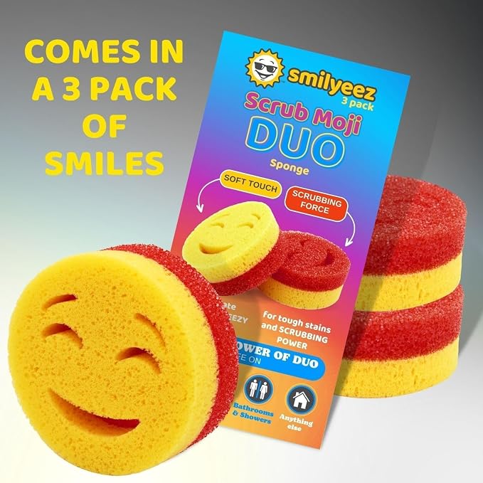 Smilyeez Scrub Moji Duo Scrubbing Sponge (Set of 3) Dual-Sided Scrub Sponges Multipurpose Sponge Scratch-Free Stain and Odor Resistant