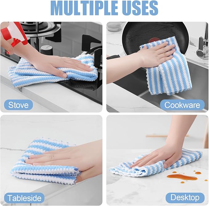 Homaxy Kitchen Towels(6 Pack, 10 x 20 inches), Ultra Soft and Absorbent Dish Towels, Reusable Fast Drying Microfiber Cleaning Cloth, Coral Velvet Wave Design No-lint, Blue