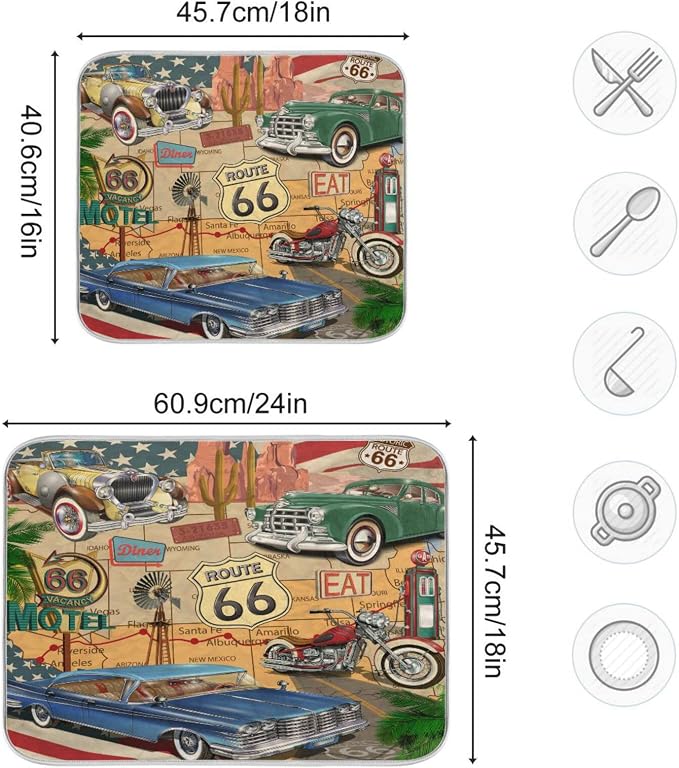 senya Super Absorbent Dish Drying Mat, Microfiber Fast-Drying Dish Mat, 24'' x 18'', Kitchen Dish Drying Pad, Retro Route 66 Poster, (g289343280p523c558s1114)