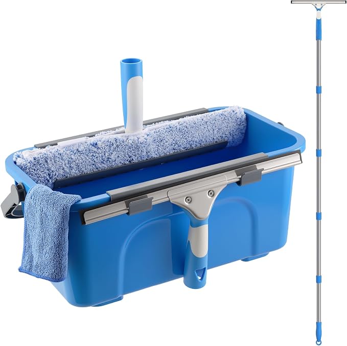 Mitclear Professional Window Cleaning Kit with Bucket 3 Gallon, 14" Window Squeegee Microfiber Scrubber with 77" Long Handle, Window Washing Equipment Cleaner Tools for Home Outdoor Car Commercial Use | Professional Window Washing Equipment, 77'' Long ...