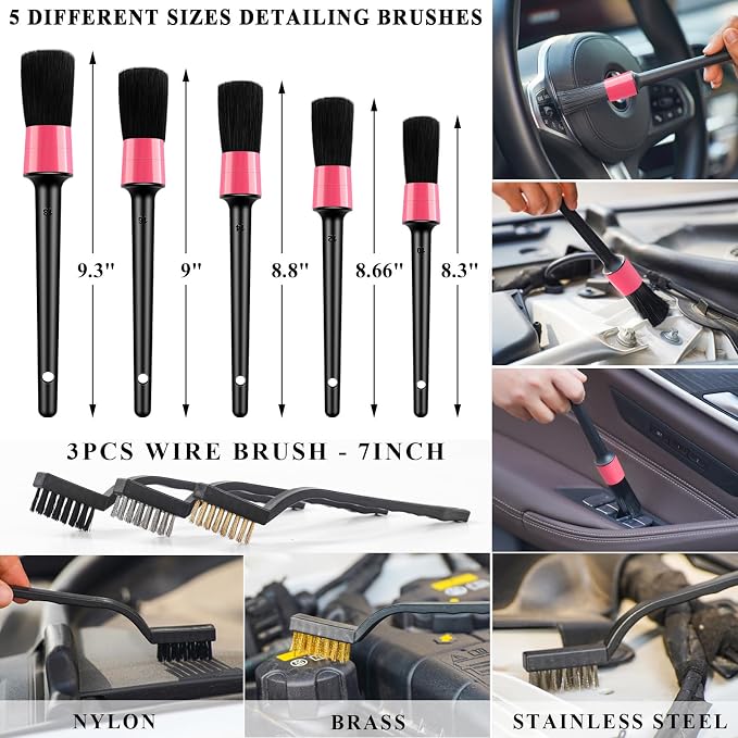 39Pcs Car Cleaning Wash Kit Interior Detailing Cleaner Kit with High Power Handheld Vacuum, Brush Set, Windshield Tool, Duster, Towels, Tire Brush, Complete Car Care Tools, Pink