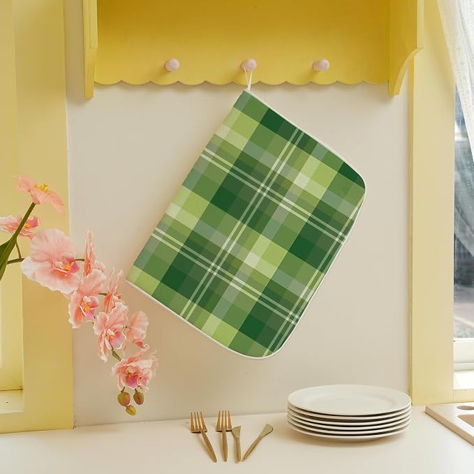 St. Patrick's Day Dish Drying Mat 18 x 24 Inch Green Buffalo Plaid Drying Mat for Kitchen Counter Absorbent Spring Green Dishes Dry Pad for Drainer Rack Kitchen Fast Dry