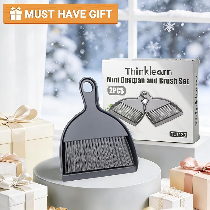 THINKLEARN 2PCS Small Dust Pan and Brush Set, Mini Broom Dustpan Kit | Portable Brush Dustpan Combo Set, Dark Gray Cleaning Supplies