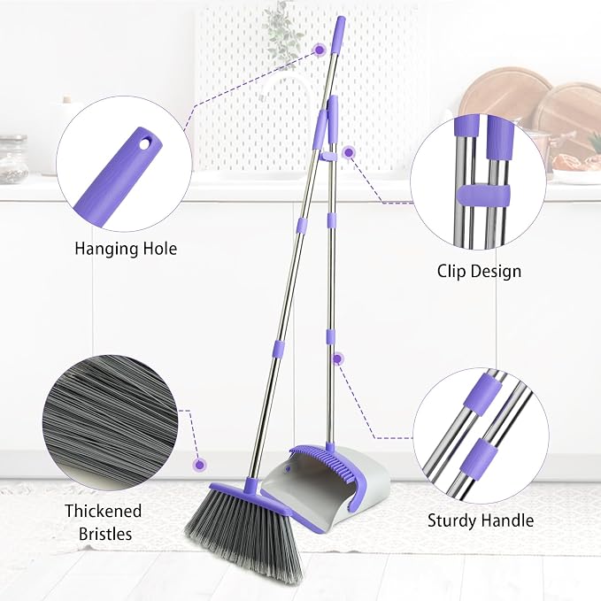 Broom and Dustpan Set with 51" Adjustable Long Handle-Gray Purple | Long Handle and Standing Dust Pan with Comb Teeth, Efficient Floor Cleaning for Kitchen, Outdoor, Dorm, Apartment, Office
