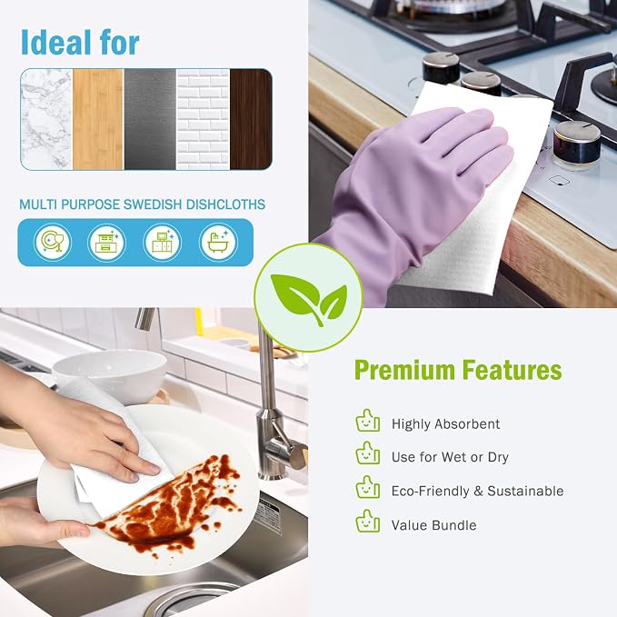 AIDEA Swedish Dishcloths for Kitchen, 10PK, Reusable Paper Towels, 7" x 6" | Absorbent Sponge Dish Cloth, Dishcloths for Washing Dishes, Swedish Towels for Home, Kitchen, Glass, White