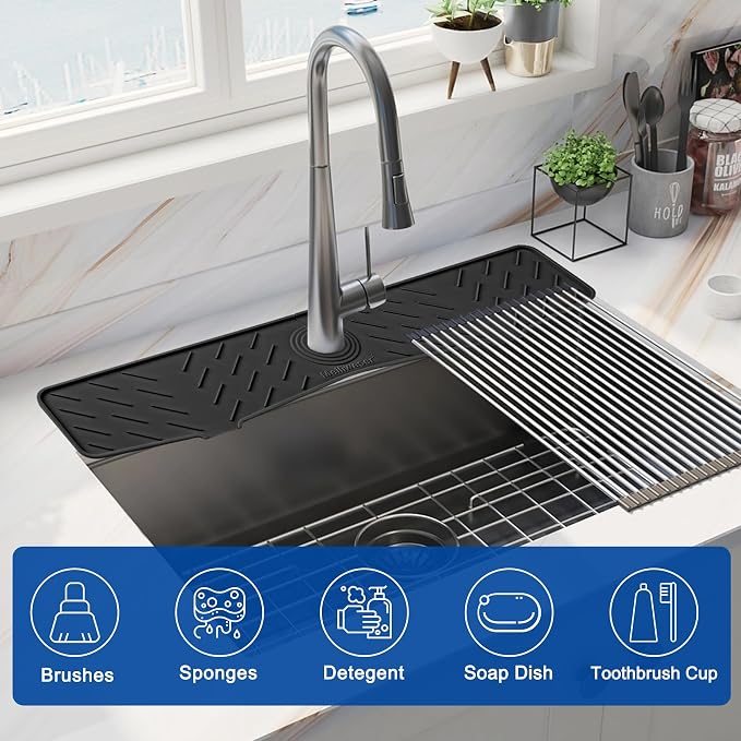 Faucet Mat for Kitchen Sink – 24” x 5.1” Extra-Long Silicone Splash Guard with 10° Slope & Upgraded Drainage – Gen 3 Sink Water Catcher & Sponge Holder for Kitchen, Bathroom (Black)