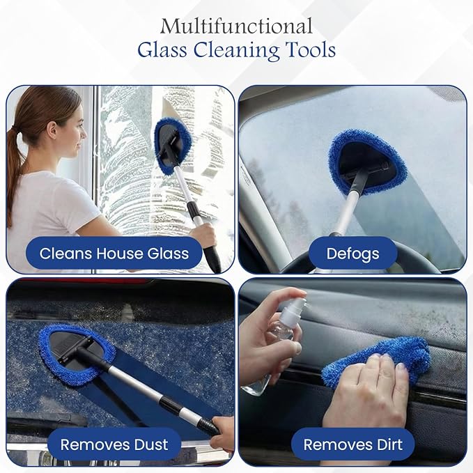 Windshield Cleaner Tool for Inside Car Windows with 6 Microfiber Pads Power Blade Glass Cleaning Kit, Magnetic Reach Handle for Auto Interior, Streak Free Window Supplies