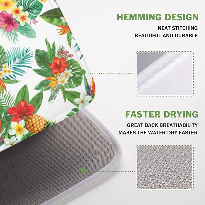 Summer Tropical Dish Drying Mat for Kitchen Counter Hawaii Palm Leaves Floral Pineapple Microfiber Dish Drainer Mat Rustic Absorbent Washable Drying Pad Extra Large 16"x18"