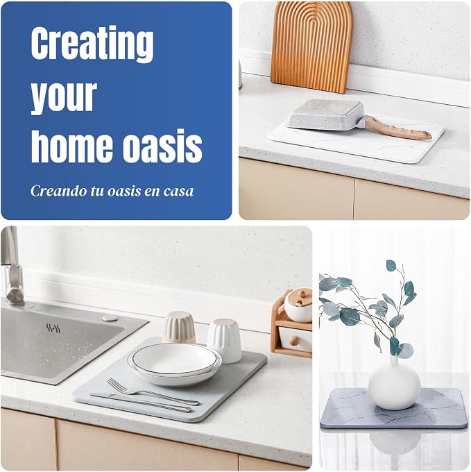 Quick Dry Stone Drying Mat for Kitchen Counter, Water-Absorbent Diatomaceous Dish Drying Mats, Multi-Purpose Stone Drying Tray for Cups Dishes Bottles, Carrara White Marble