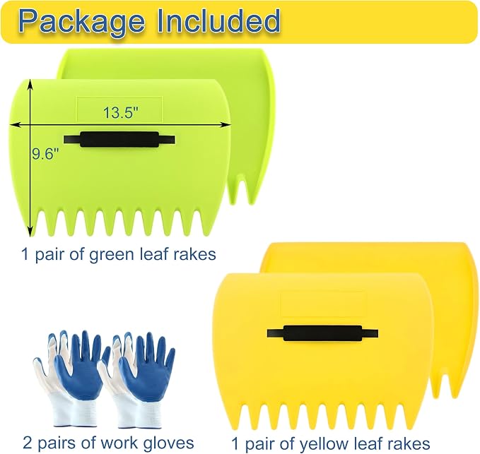 2 Sets Leaf Scoops Hand Rakes, Lightweight Plastic Leaf Grabbers | Paired with 2 pairs work gloves, ideal yard garden tool for collecting leaves, grass clippings and outdoor debris