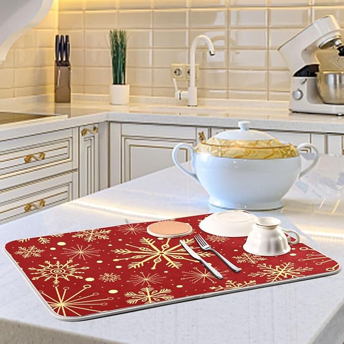 Christmas Snowflakes On Red Dish Drying Mat for Kitchen, Absorbent Microfiber Drying Pad Dish Mat, 16" X 18"