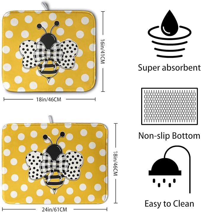 Bee Dish Drying Mat for Kitchen Counter 18x24 Inch Yellow Bumblebee Polka Dots Dishes Pad Cute Honey Bees Dish Draining Microfiber Absorbent Dish Drainer Rack Mat Large Kitchen Accessories