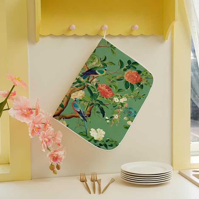Chinoiserie Dish Drying Mat 18 x 24 Inch Vintage Green Bird Floral Drying Mat for Kitchen Counter Absorbent Spring Summer Green Dishes Dry Pad for Drainer Rack Kitchen Fast Dry