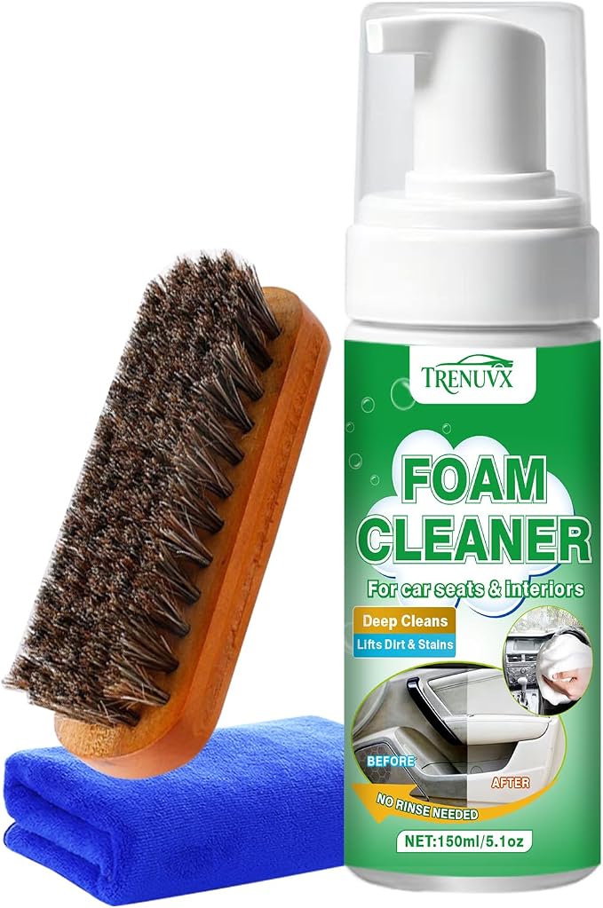 Multifunctional Car Foam Cleaner, No-Rinse Stain Remover, Powerful Auto Interior Detailing Spray for Carpet, Seats, Leather, Fabric & Vinyl, Safe for All Surfaces - 5oz / 150ml