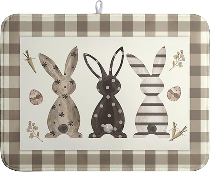 Easter Dish Drying Mat for Counter Bufflao Plaids Bunny Dish Mat Cute Rabbits Eggs Carrot Absorbent Microfiber Dish Draining Mat Reusable Dishes Pad Large 18x24 In